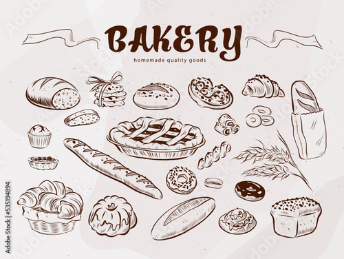 Collection of bakery goods isolated – croissant, bread, cake, muffin, donut. Vector hand drawn sketch illustration. For menu design, logo template.