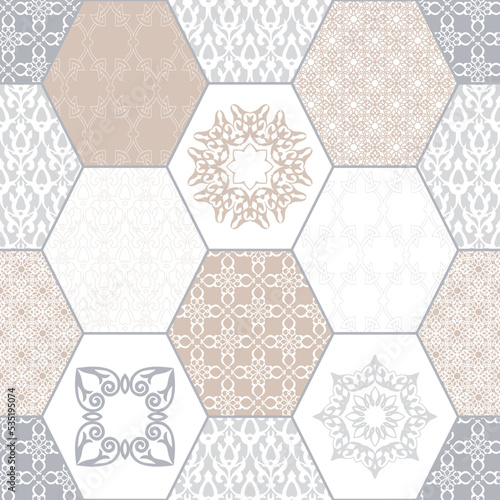 Seamless pattern with paisley in patchwork style