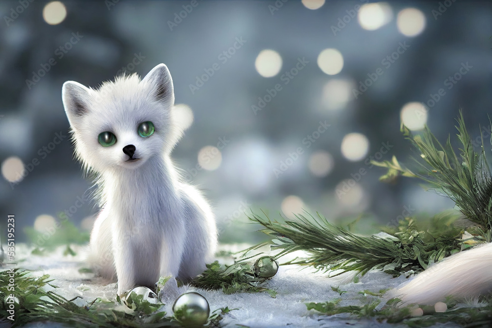 Fototapeta premium A white baby fox on Christmas theme background with bauble Christmas balls of glass. Mistletoe with Christmas decoration red balls. 3D rendering.