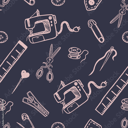 Seamless pattern with sewing tools linear icons scattered on white background. Outline seamstress supplies for tailoring and needlework. Handmade kids clothes wrapping paper design.