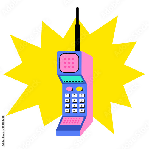 An old mobile phone from the 90s, 80s. Bright push-button phone in retro wave style. Nostalgia