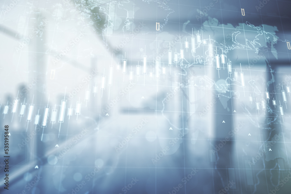 Double exposure of abstract creative financial chart hologram and world map on empty modern office background, research and strategy concept Double exposure of abstract creative financial chart hologram and world map on empty modern office background, research and strategy concept