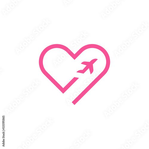 Romantic travel logo design. Simple minimal heart and airplane icon isolated on white background vector illustration.