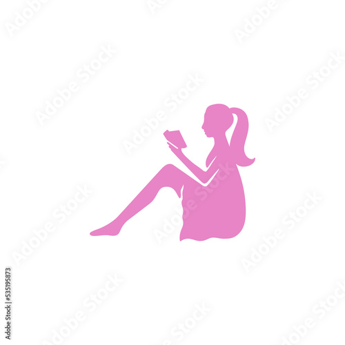 Silhouette of a girl sit on a ground enjoy reading a book isolated on white background vector illustration.