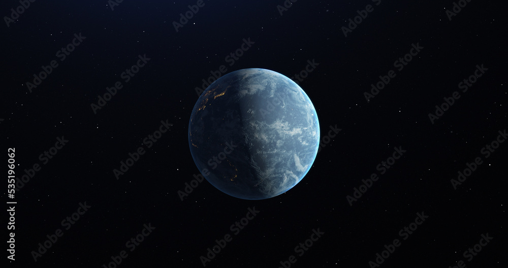 Rotating planet earth in space. Half of the planet is illuminated, on the dark side there is light from houses. Starry sky. The concept of changing day and night.