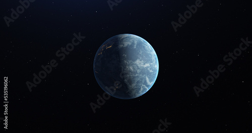 Rotating planet earth in space. Half of the planet is illuminated, on the dark side there is light from houses. Starry sky. The concept of changing day and night.