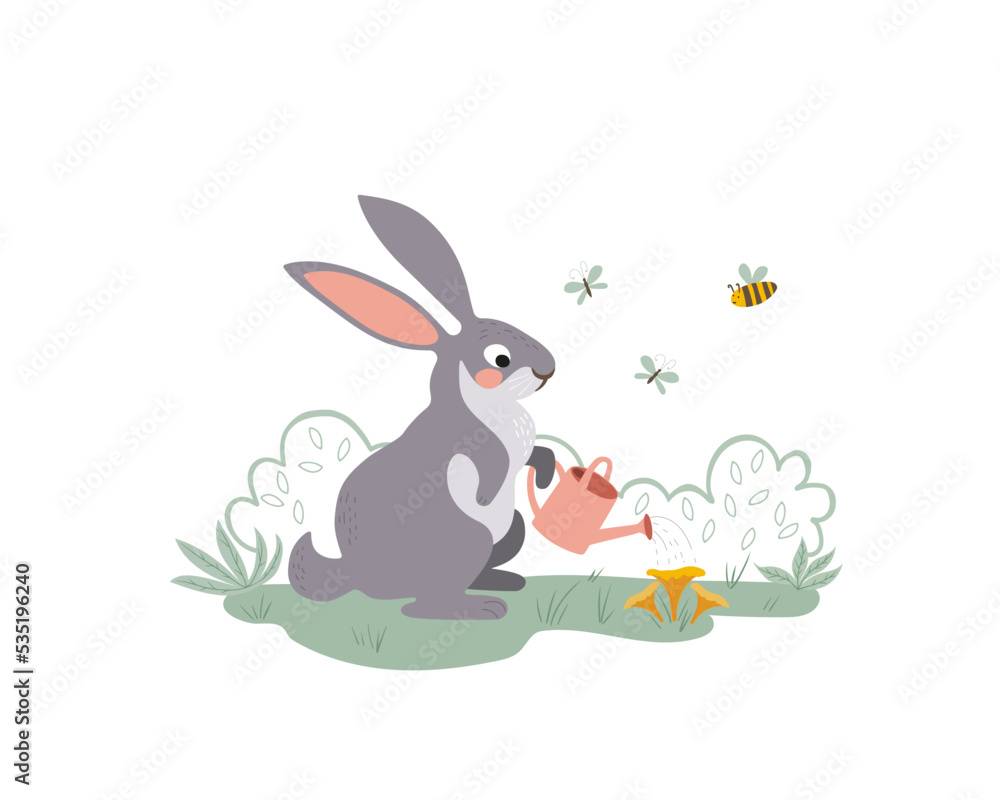 Fototapeta premium A cute bunny is watering the garden from a watering can. The rabbit is growing mushrooms. Vector hand drawn illustration 