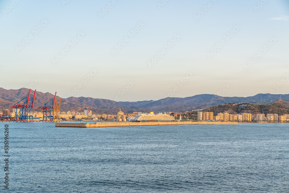 Panoramic view of Málaga city and its harbour see from sea