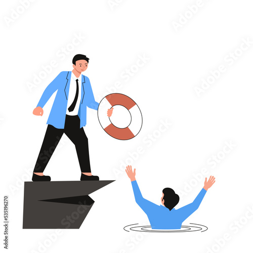 Coworker help to collegue Giving a lifebuoy for drowning businessman