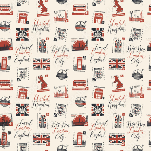 Vector seamless pattern with postage stamps and handwritten inscriptions on UK and London theme in retro style. Can be used as wallpaper or wrapping paper, background