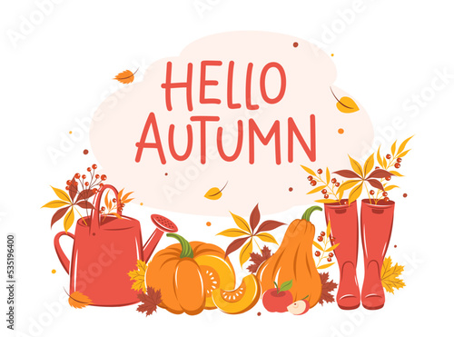 Design banner with with pumpkin, wellies boots, watering can and autumn leaves. Hello autumn. Vector illustration.