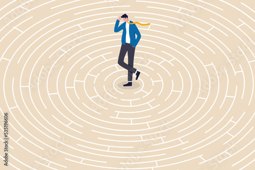 Business trouble, difficulty or challenge, solving hard or complex problem, finding solution, lost or struggle, finding way out concept, frustrated businessman in difficult and complex labyrinth.
