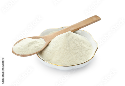 Fényképezés Bowl and spoon of agar-agar powder isolated on white