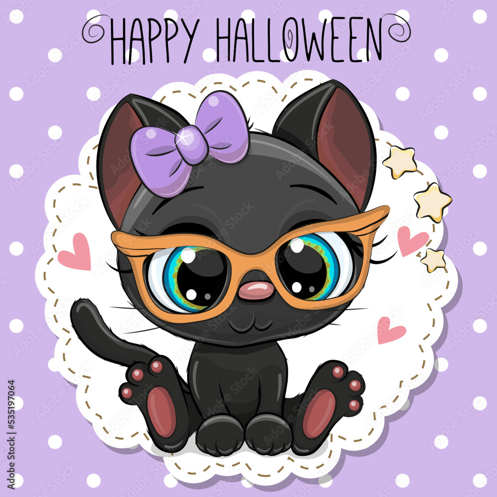 Fototapeta premium Cute Cartoon Black kitten with glasses