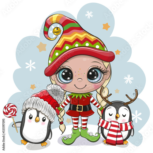 Cartoon Elf with two penguins