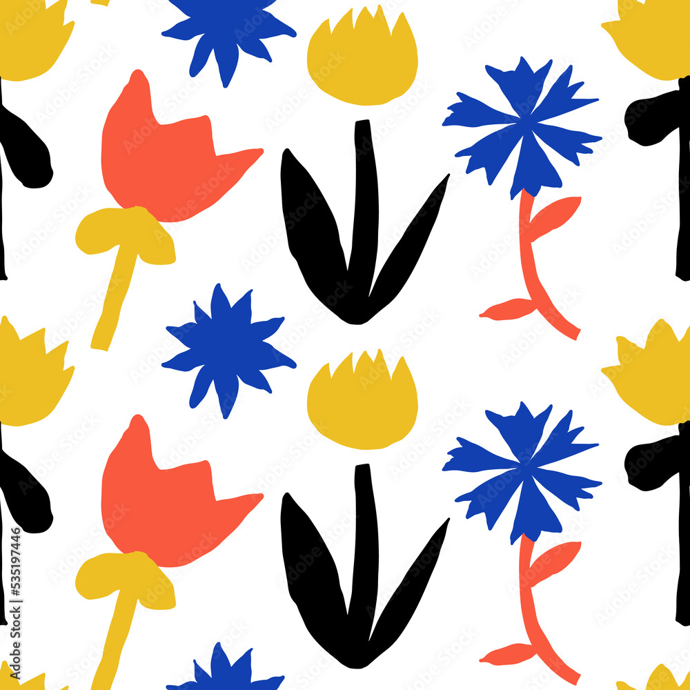 Abstract scandinavian floral seamless pattern, hand drawn flower shapes background