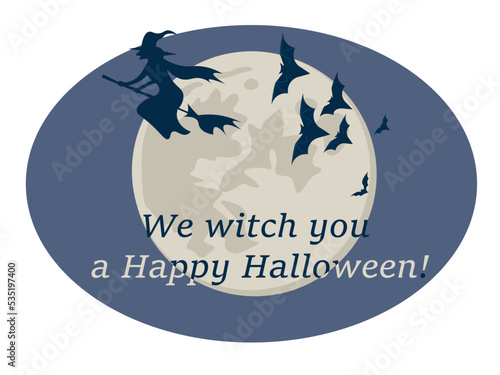 Halloween banner with witch flies on a broom against the moon