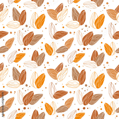 Vector seamless pattern with almonds. Vegan food illustration.