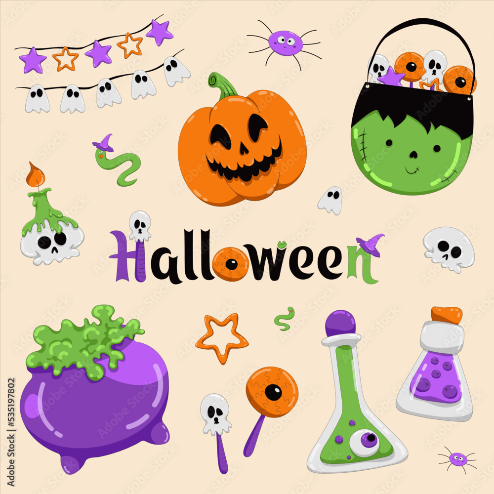 Fototapeta premium Halloween elements collection With pumpkin, sweets, magic potion, festive worm and spider, tincture in bottles, scary garland, creepy candle on skull, flat vector illustration