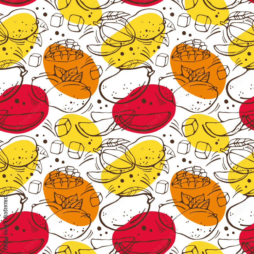 Fototapeta premium Seamless pattern with mango fruits on a white background. Vector illustration.
