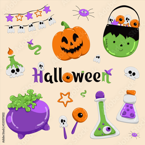 Halloween elements collection With pumpkin, sweets, magic potion, festive worm and spider, tincture in bottles, scary garland, creepy candle on skull, flat vector illustration
