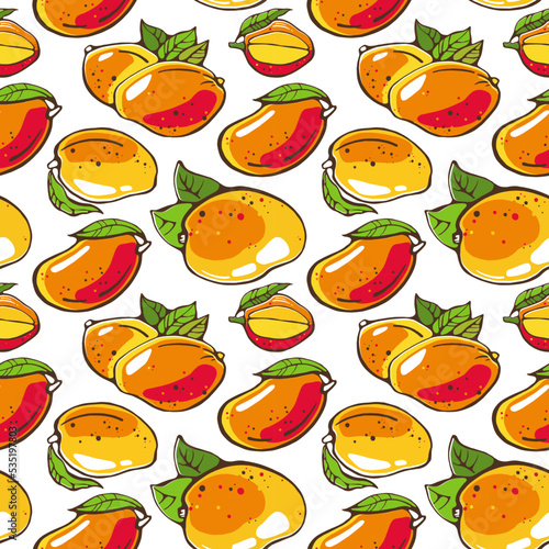 Seamless pattern with mango fruits on a white background. Vector illustration.