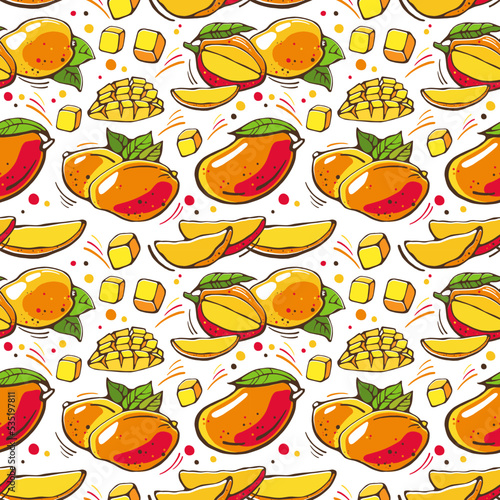 Seamless pattern with mango fruits on a white background. Vector illustration.