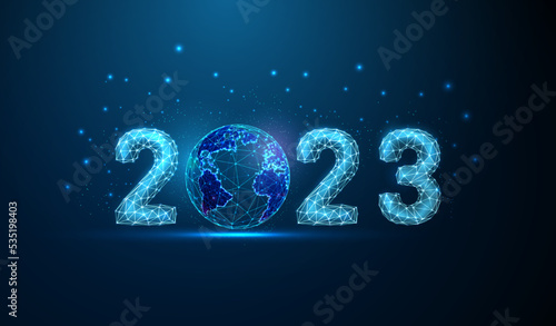 Abstract Happy 2023 New Year greeting card with planet