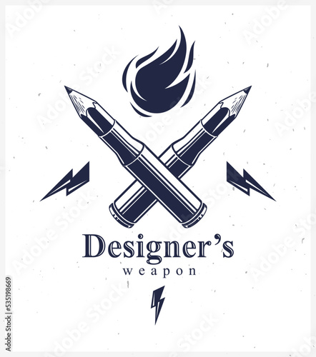 Idea is a weapon concept, weapon of a designer or artist allegory shown as a firearm cartridge cases with pencils instead of bullet, creative power, vector logo or icon.