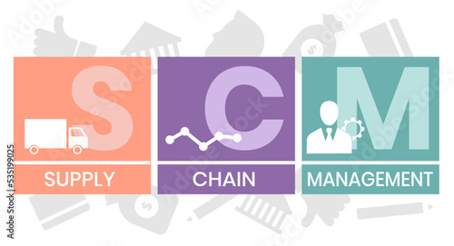 SCM - Supply Chain Management acronym. business concept background. Vector illustration for website banner, marketing materials, business presentation, online advertising