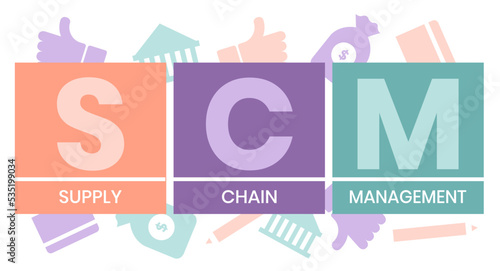 SCM - Supply Chain Management acronym. business concept background. Vector illustration for website banner, marketing materials, business presentation, online advertising