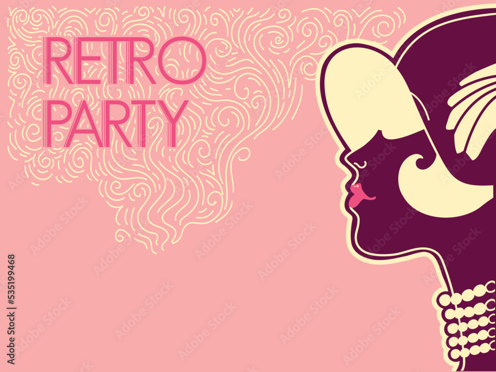 Retro party postcard with portrait woman silhouette with vintage hat and accessories. Vector illustration of retro flapper woman on pink vintage background.