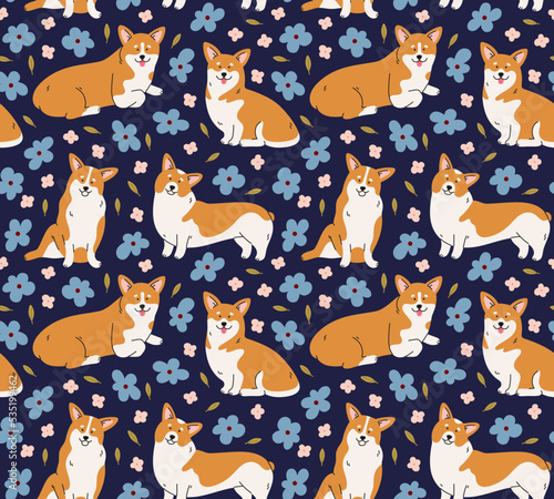 Seamless pattern of welsh corgi dog in different poses with flowers on blue background. Standing, sitting, lying down. Hand-drawn dog in contemporary flat style, and line art. Cartoon animal, pet. 