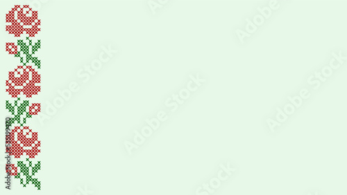 Minimalism. Cross-stitched roses. Background for presentation or web design with decorative ribbon on the left. Red and green colors are used on a light green background. Vector.