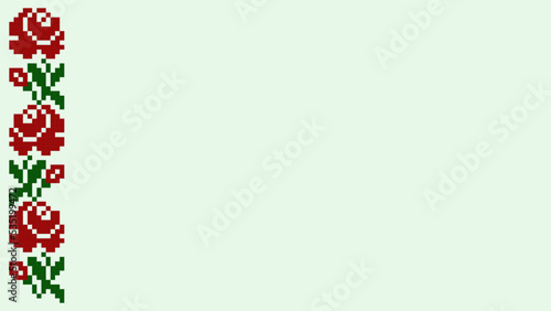 Minimalism. Roses. Background for presentation or web design. The decorative ribbon on the left is embroidered in red and green on a light green background. Vector.