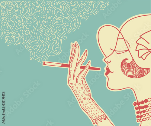 Retro party postcard with portrait woman silhouette with vintage hat and accessories. Vector illustration of retro flapper woman on pink vintage background.