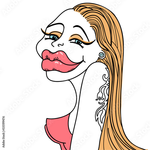 Stylish woman portrait with long hair and botox lips. Vector caricature illustration of glamour makeup young woman with tattoo decor body isolated on white.