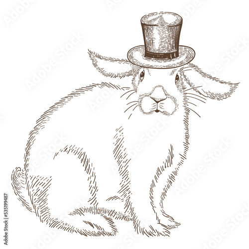 Rabbit gentleman in cylinder hat. Vector vintage hand drawn illustration of cute rabbit.