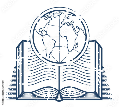 Open book with earth planet vector linear icon, geography or travel literature line art symbol or logo.