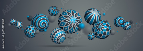 Abstract spheres vector background, composition of flying balls decorated with patterns, 3D mixed variety realistic globes with ornaments, realistic depth of field effect.