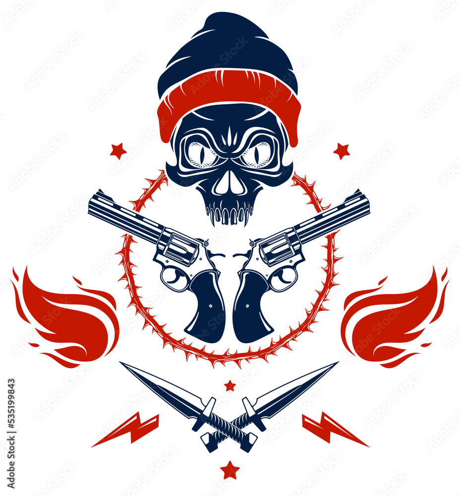 Revolution and Riot wicked emblem or logo with aggressive skull ...