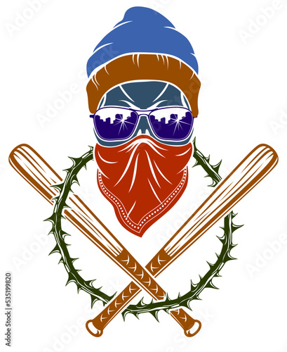 Gang brutal criminal emblem or logo with aggressive skull baseball bats design elements, vector anarchy crime terror retro style, ghetto revolutionary.