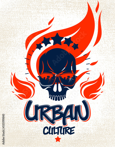 Urban culture style skull in sunglasses vector logo or emblem, gangster or thug illustration, anarchy chaos hooligan, ghetto theme.