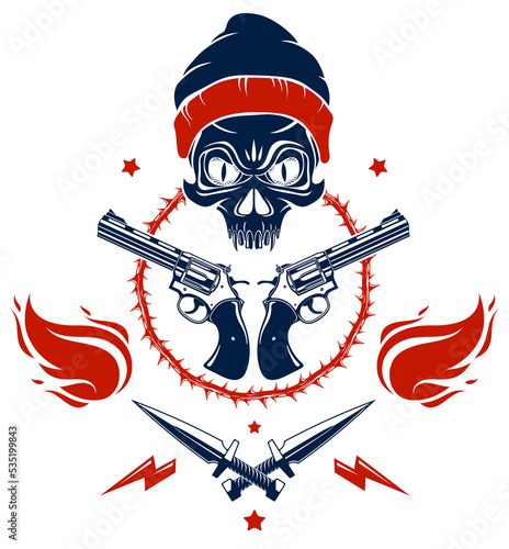 Revolution and Riot wicked emblem or logo with aggressive skull, weapons and different design elements , vector tattoo, anarchy and chaos, rebel partisan and revolutionary.