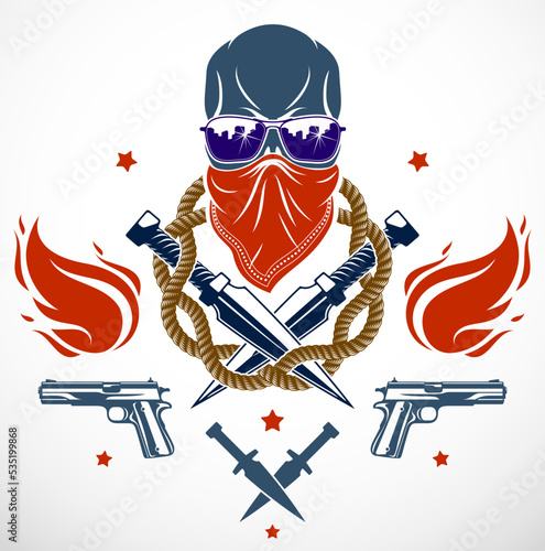 Anarchy and Chaos aggressive emblem or logo with wicked skull, weapons and different design elements , vector vintage scull tattoo, rebel gangster criminal and revolutionary.