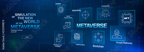 Metaverse banner in perspective and 3D inscription. Vector icon set with keywords. NFT, Blockchain, Virtual Platforms, Cryptocurrency, Hardware, Computing, Networking, Banking or Payment Services.