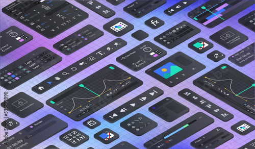 Isometric 3d background in the form of a software windows for a motion designer. Variety of graphical interfaces