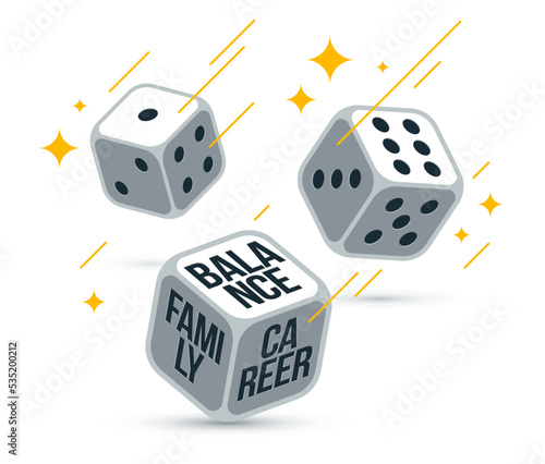 Vector concept of rolling dices and choosing balance between family and career in life for a person in modern world life, vector illustration.