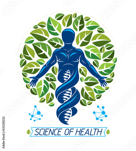 Vector graphic illustration of muscular human depicted as DNA symbol continuation and created with ecology tree leaves. Green thinking technology innovations, ecology conservation concept.