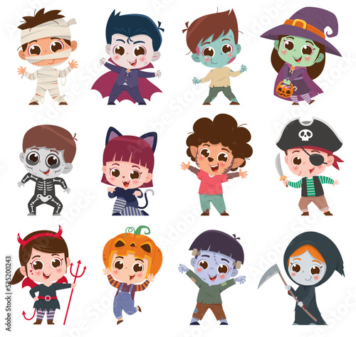 Vector illustration Set of cute cartoon children. Happy Halloween.Kids in halloween costumes